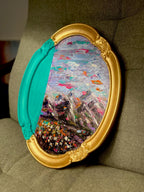 Framed Original Acrylic Landscape and Flowers Painting, Bright Turquoise, Purple and Fuschia Accents, Framed Oval Vintage sty