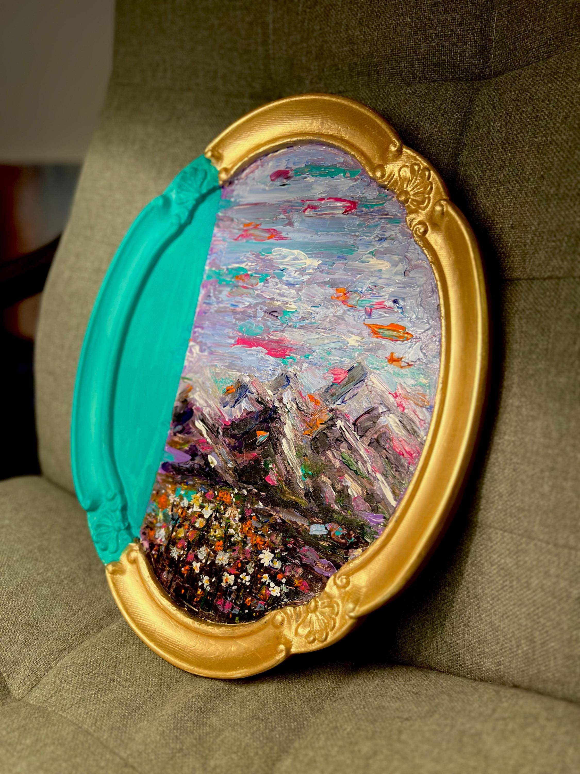Framed Original Acrylic Landscape and Flowers Painting, Bright Turquoise, Purple and Fuschia Accents, Framed Oval Vintage sty