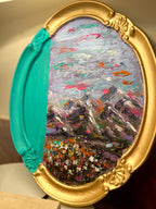 Framed Original Acrylic Landscape and Flowers Painting, Bright Turquoise, Purple and Fuschia Accents, Framed Oval Vintage sty