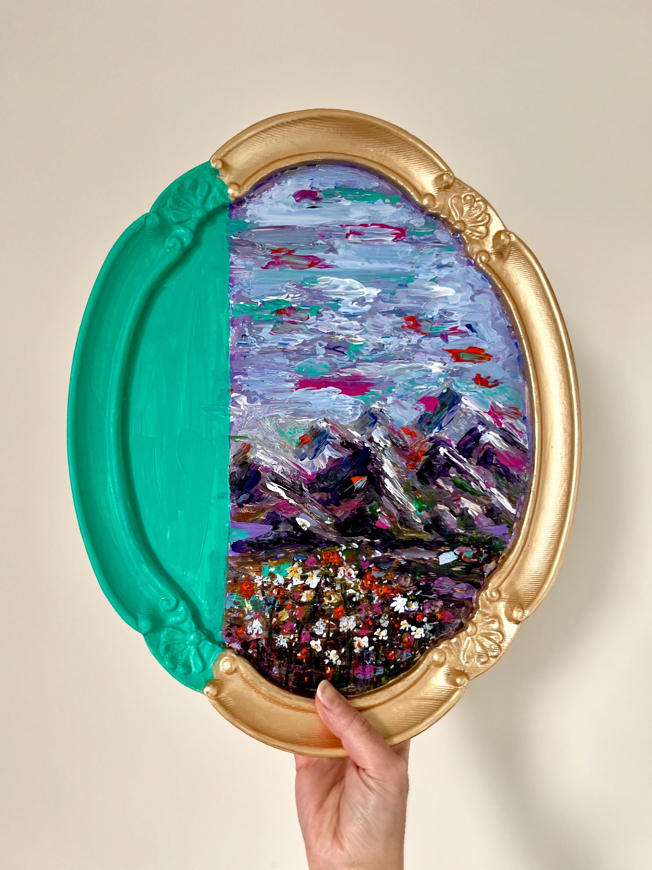 Framed Original Acrylic Landscape and Flowers Painting, Bright Turquoise, Purple and Fuschia Accents, Framed Oval Vintage sty