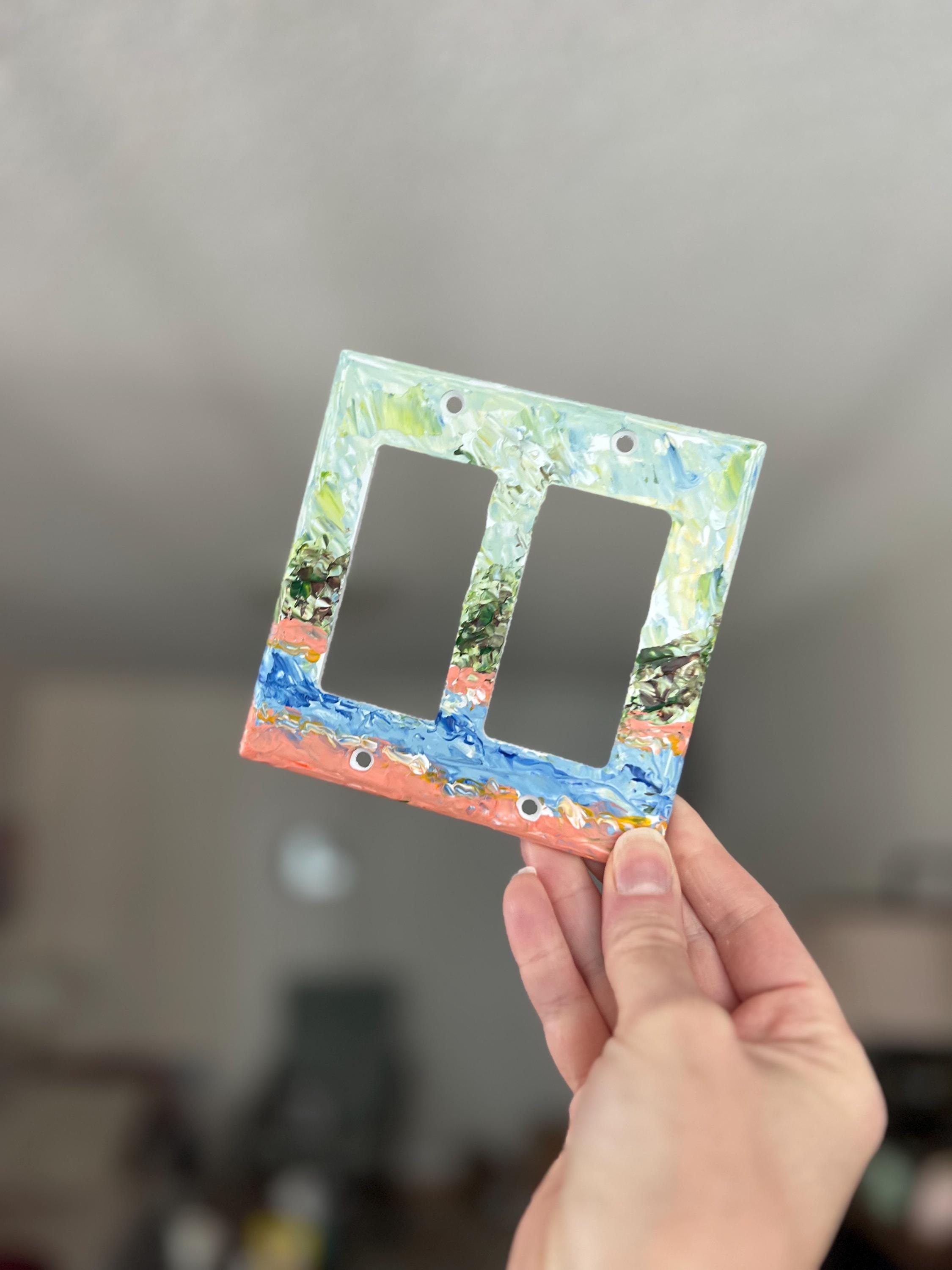 Hand-Painted Landscape Cottagecore Light Switch Plate, Kitchen Wall Art, Impasto Blue Green and Orange Painting