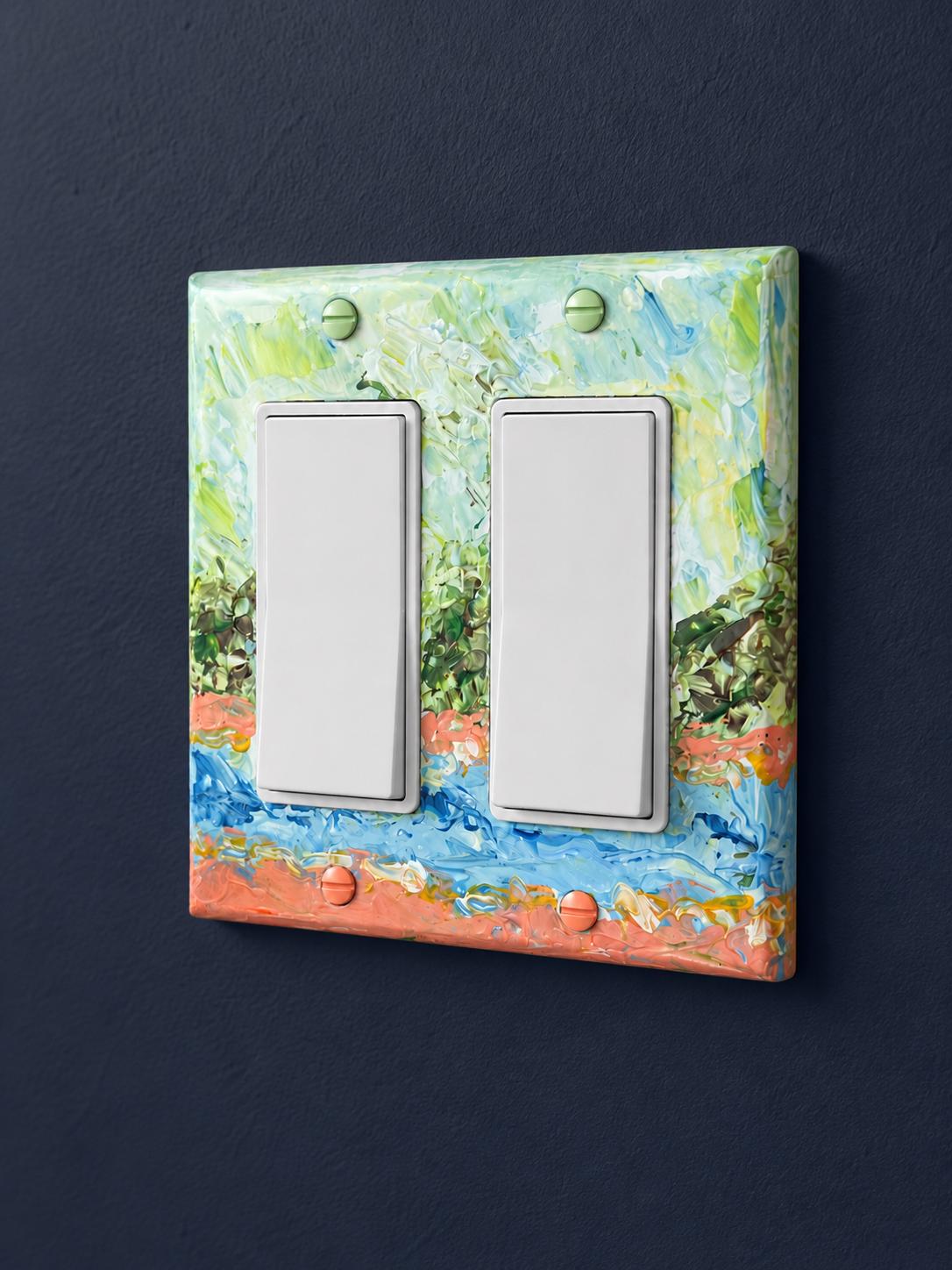 Hand-Painted Landscape Cottagecore Light Switch Plate, Kitchen Wall Art, Impasto Blue Green and Orange Painting