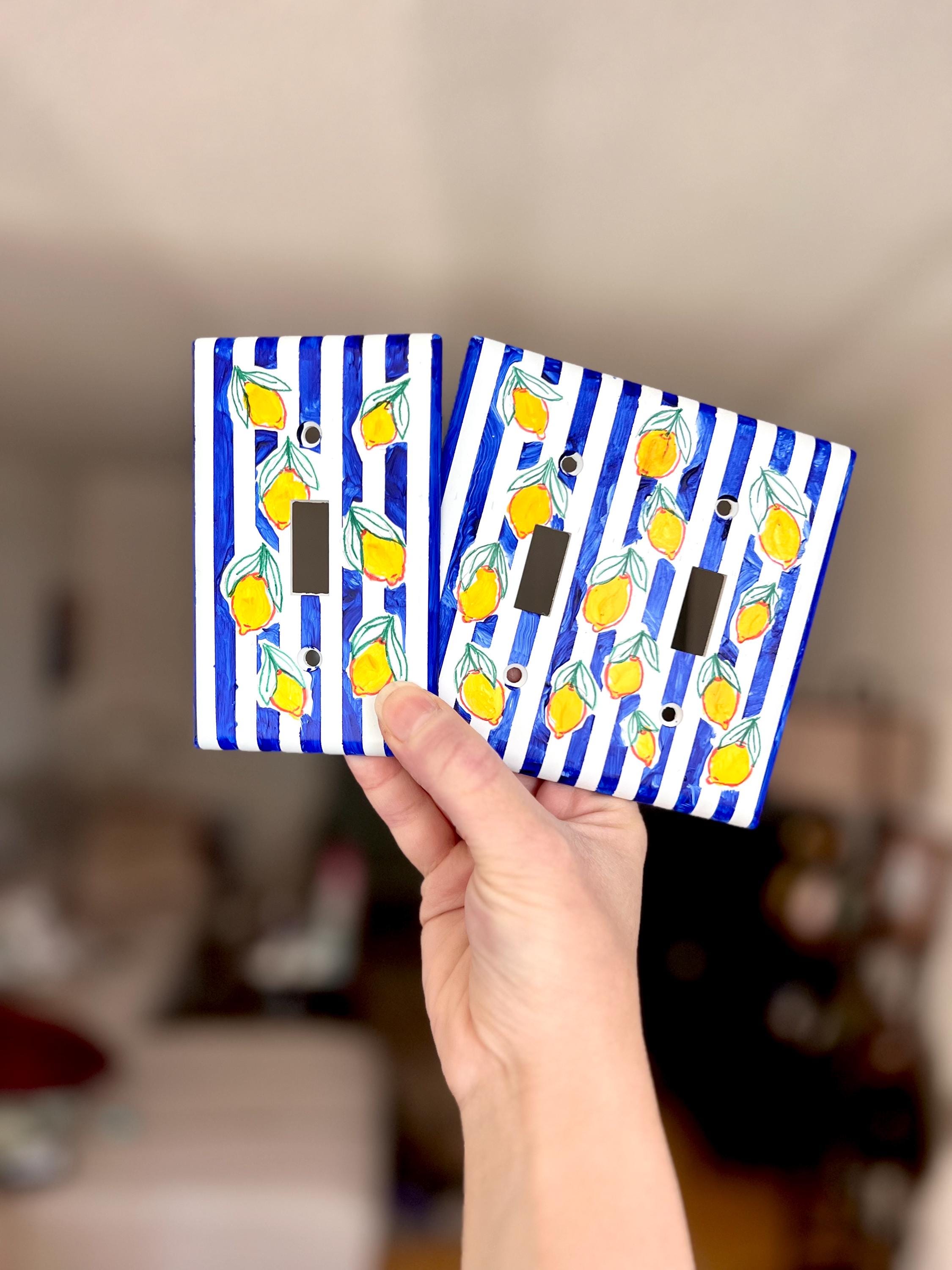 Handpainted Lemons Light Switch Cover Plate, Cottagecore Yellow Blue Striped Kitchen Wall Art
