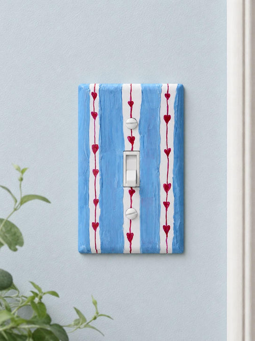 Hand painted Blue Stripes and Red Hearts Light Switch Plate, Nursery Kids Room Unique Outlet Cover