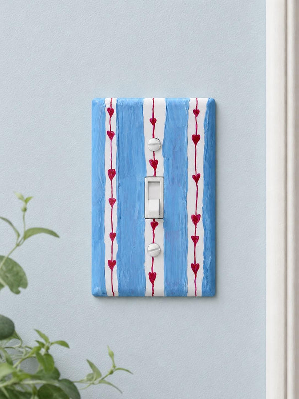 Hand painted Blue Stripes and Red Hearts Light Switch Plate, Nursery Kids Room Unique Outlet Cover