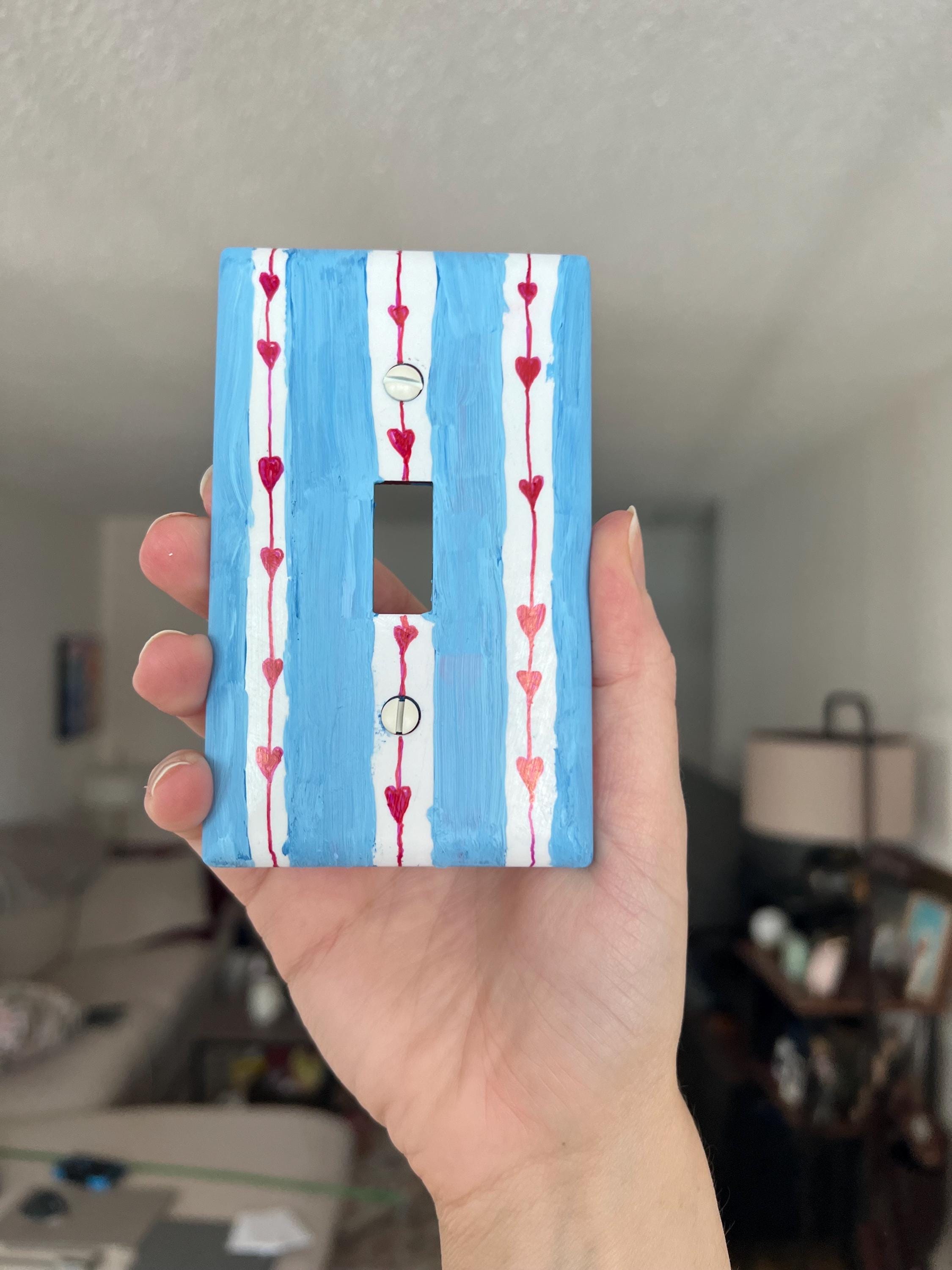 Hand painted Blue Stripes and Red Hearts Light Switch Plate, Nursery Kids Room Unique Outlet Cover