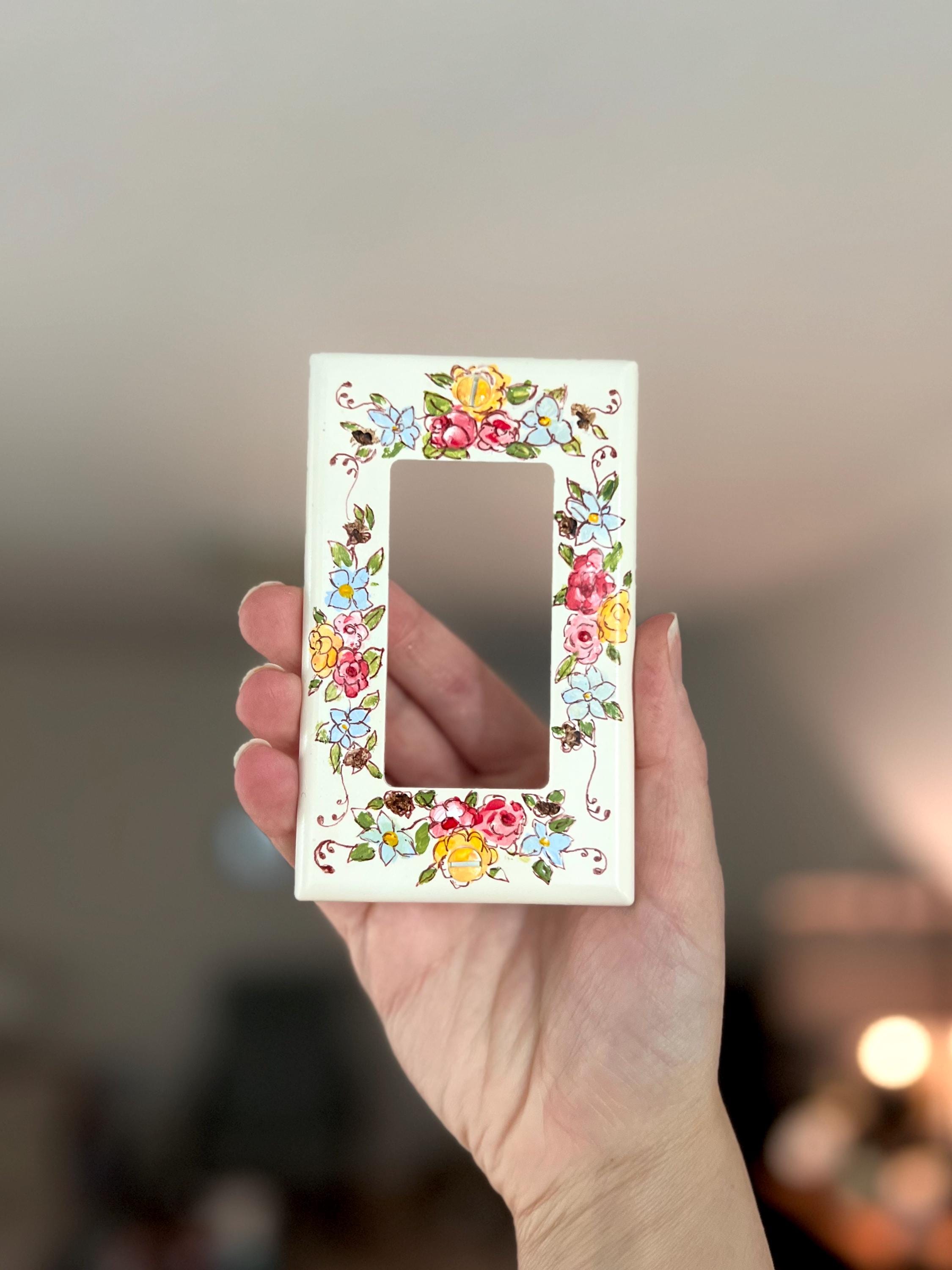 Hand-Painted Floral Vintage Light Switch Plate, Cottagecore Flowers Kitchen Wall Art
