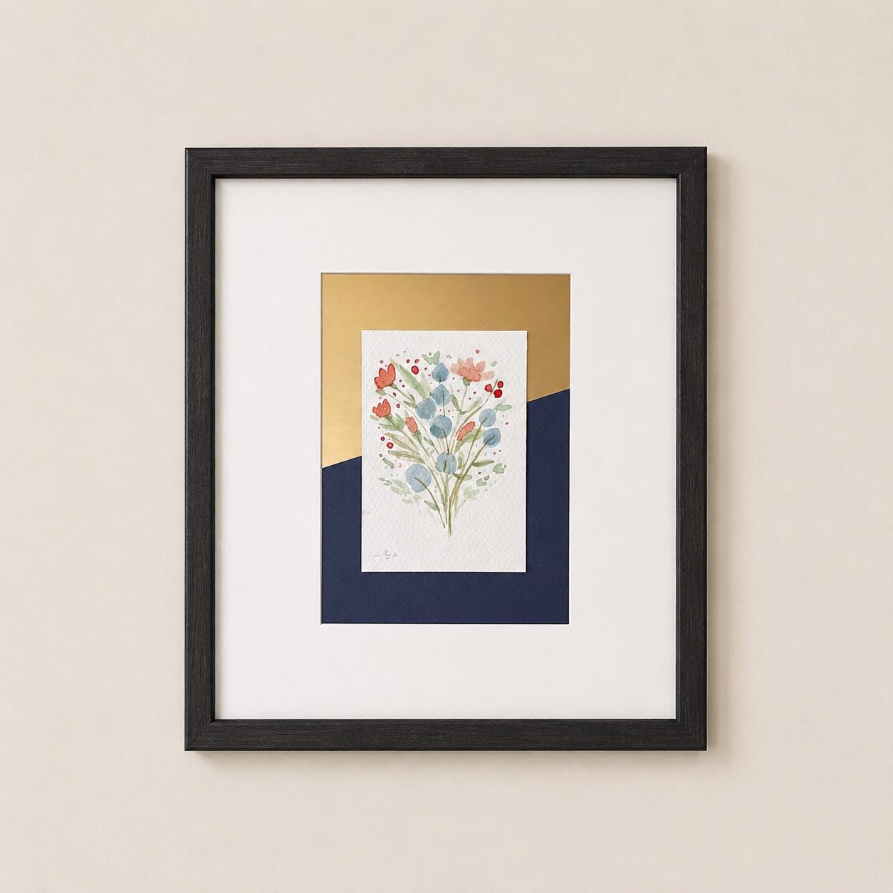 Original Matted Floral Watercolor Paintings, Hand Painted Flowers, Colorful Metallic Background, 8x10" Mat