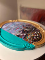 Framed Original Acrylic Landscape and Flowers Painting, Bright Turquoise, Purple and Fuschia Accents, Framed Oval Vintage sty