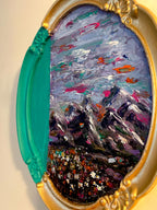 Framed Original Acrylic Landscape and Flowers Painting, Bright Turquoise, Purple and Fuschia Accents, Framed Oval Vintage sty