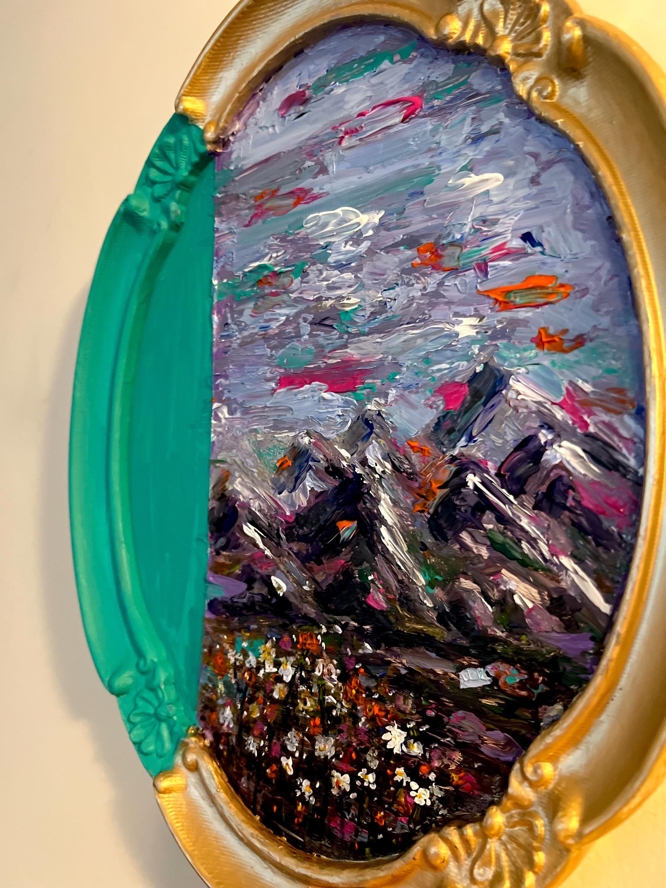 Framed Original Acrylic Landscape and Flowers Painting, Bright Turquoise, Purple and Fuschia Accents, Framed Oval Vintage sty