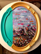 Framed Original Acrylic Landscape and Flowers Painting, Bright Turquoise, Purple and Fuschia Accents, Framed Oval Vintage sty