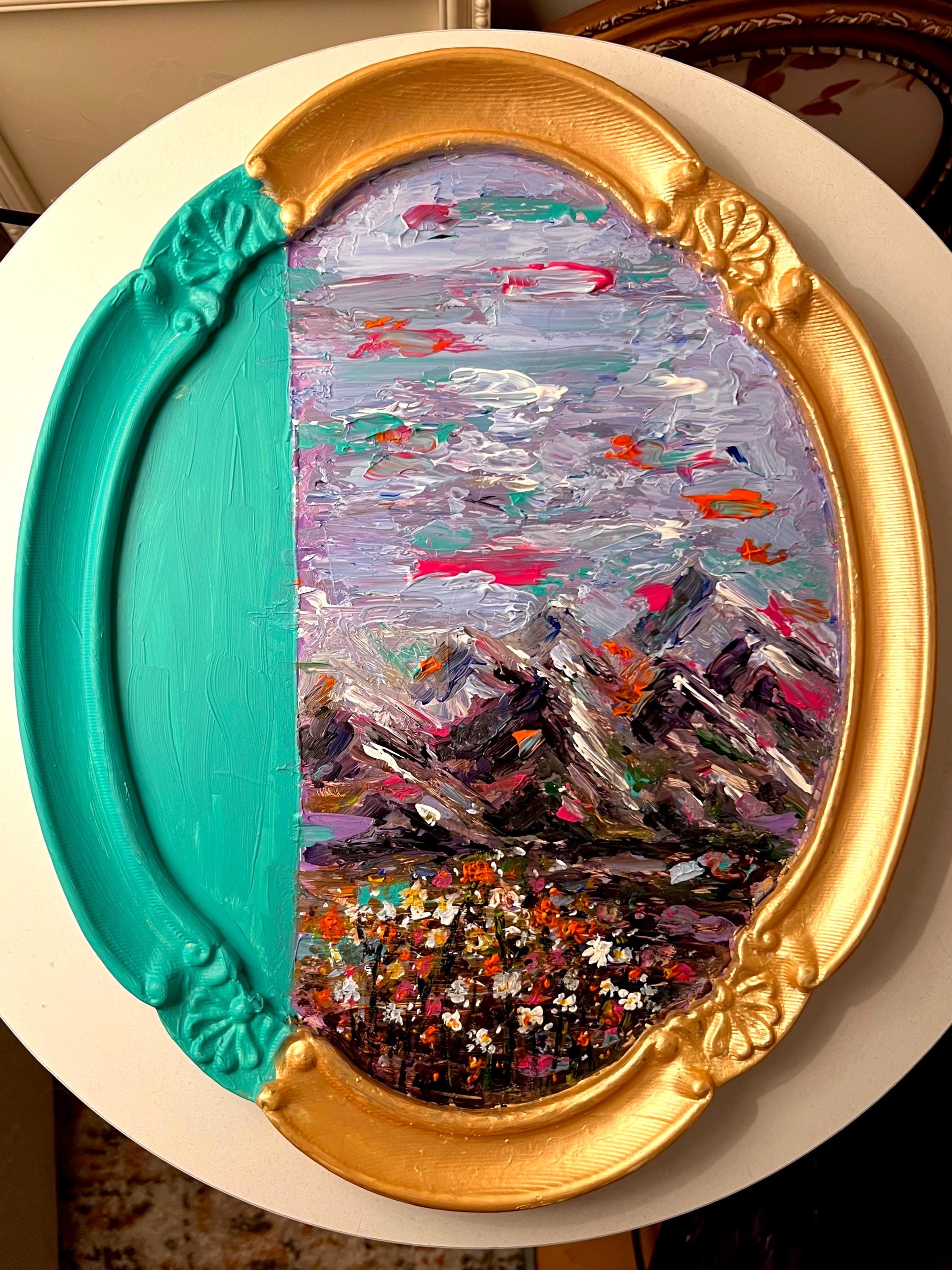 Framed Original Acrylic Landscape and Flowers Painting, Bright Turquoise, Purple and Fuschia Accents, Framed Oval Vintage sty