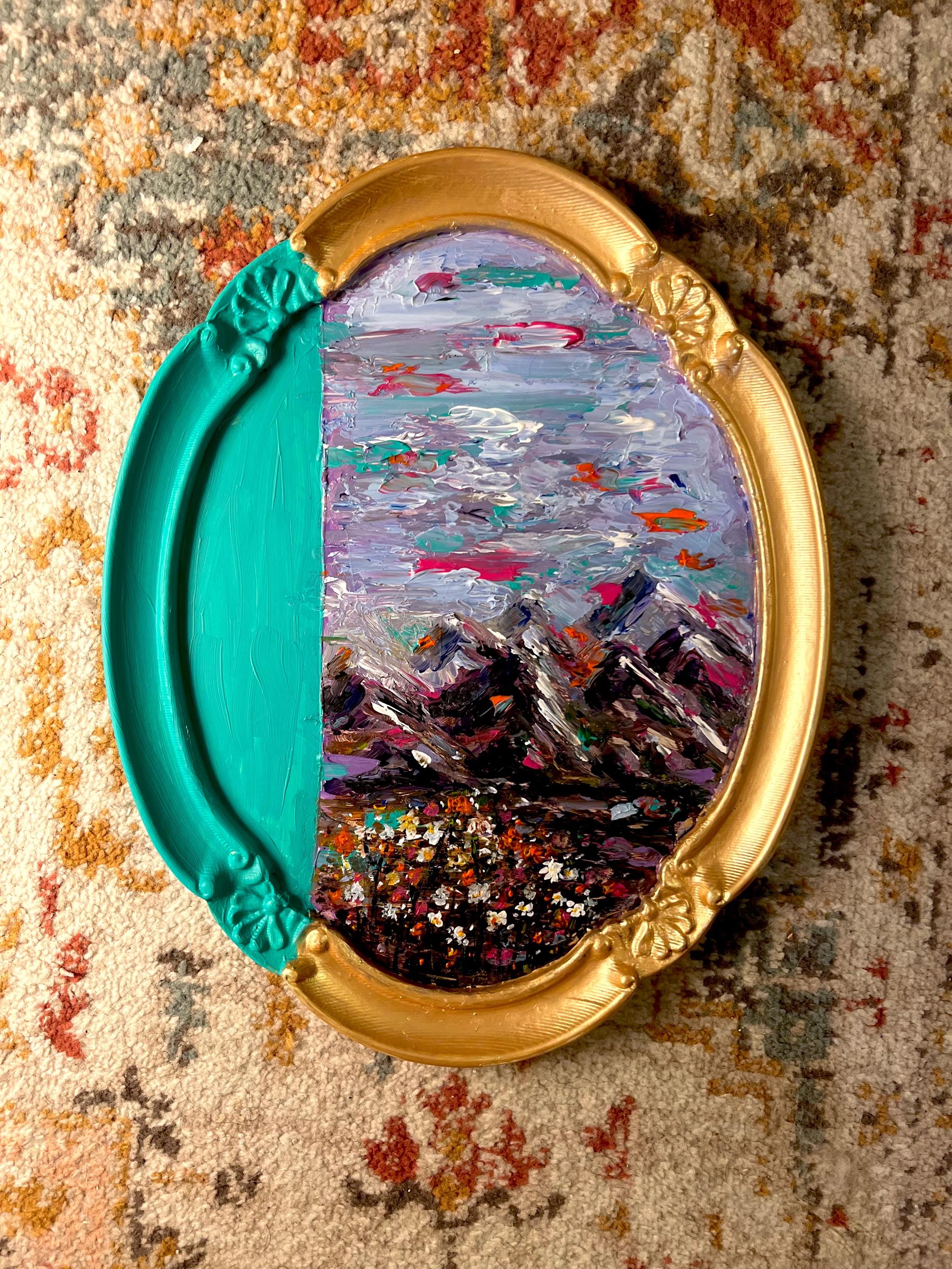 Framed Original Acrylic Landscape and Flowers Painting, Bright Turquoise, Purple and Fuschia Accents, Framed Oval Vintage sty