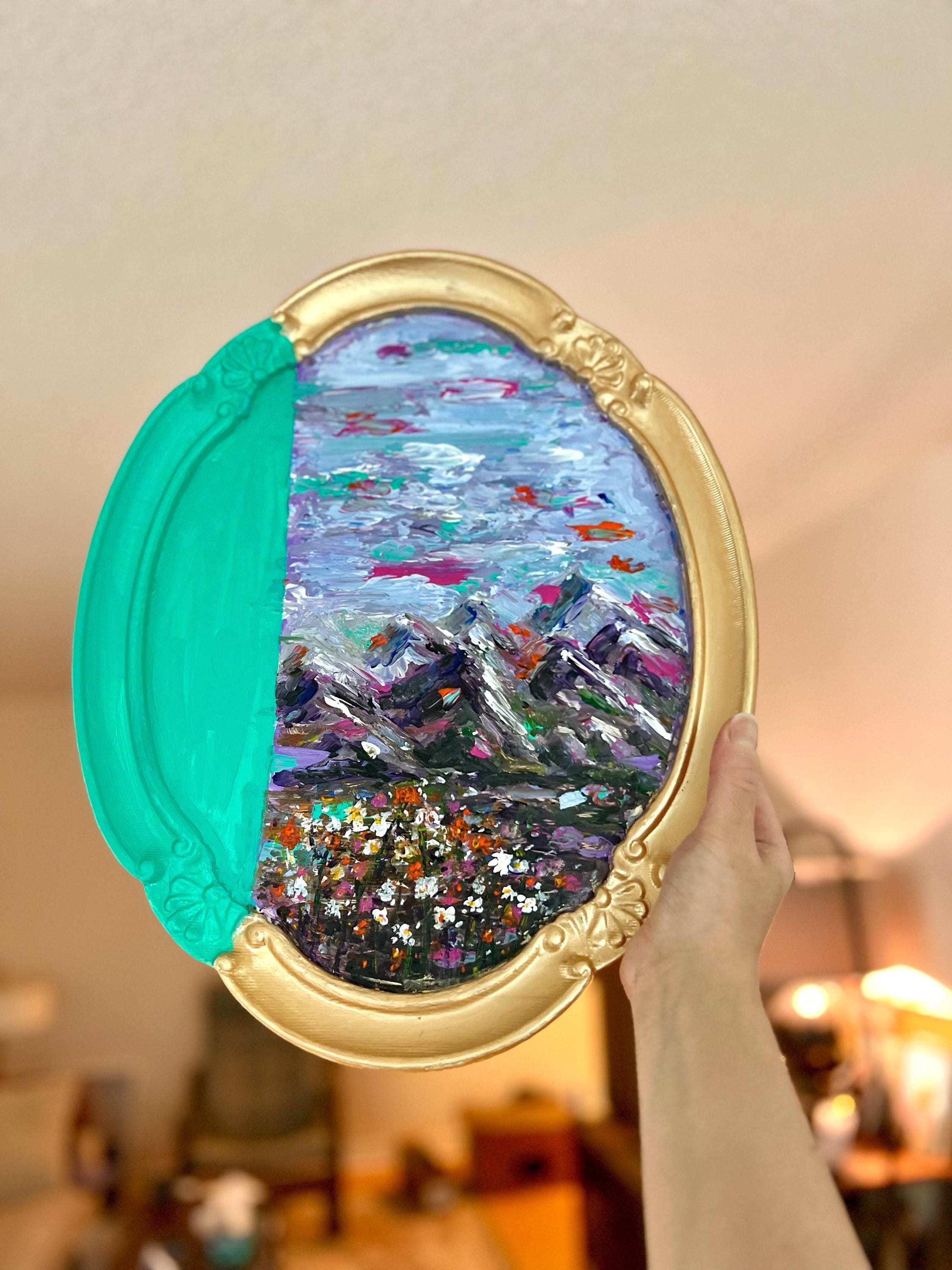Framed Original Acrylic Landscape and Flowers Painting, Bright Turquoise, Purple and Fuschia Accents, Framed Oval Vintage sty