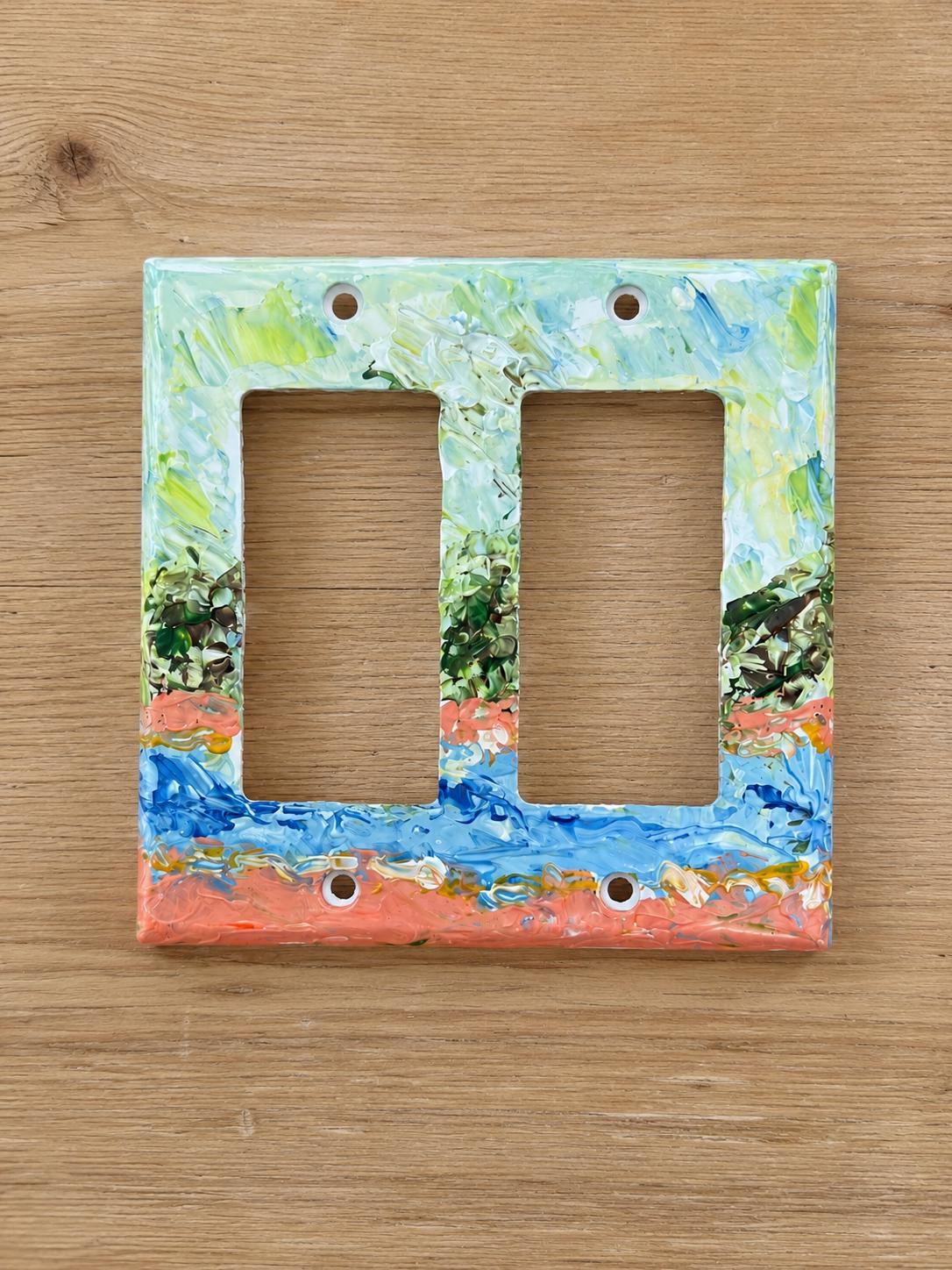 Hand-Painted Landscape Cottagecore Light Switch Plate, Kitchen Wall Art, Impasto Blue Green and Orange Painting
