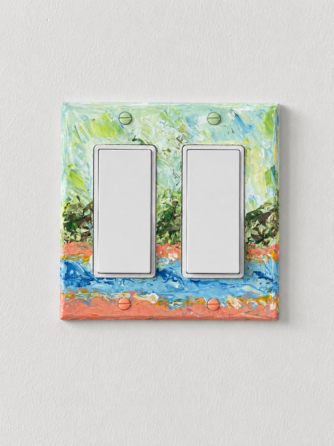 Hand-Painted Landscape Cottagecore Light Switch Plate, Kitchen Wall Art, Impasto Blue Green and Orange Painting