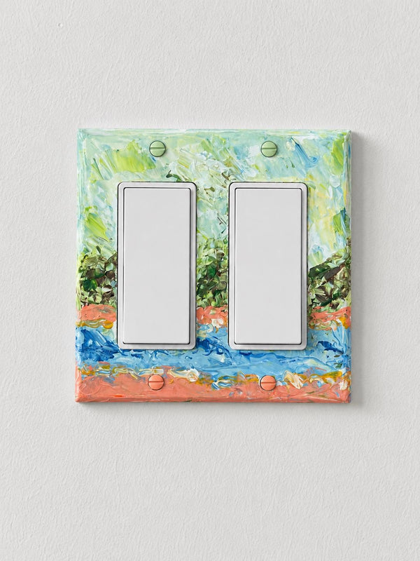 Hand-Painted Landscape Cottagecore Light Switch Plate, Kitchen Wall Art, Impasto Blue Green and Orange Painting