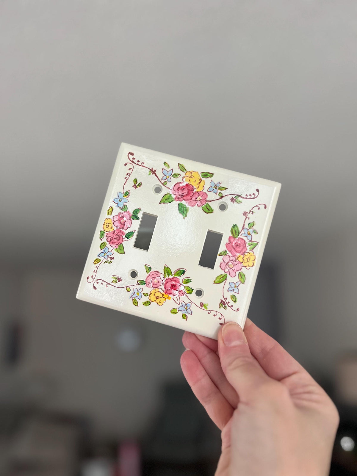 Hand-Painted Floral Vintage Light Switch Plate, Cottagecore Flowers Kitchen Wall Art