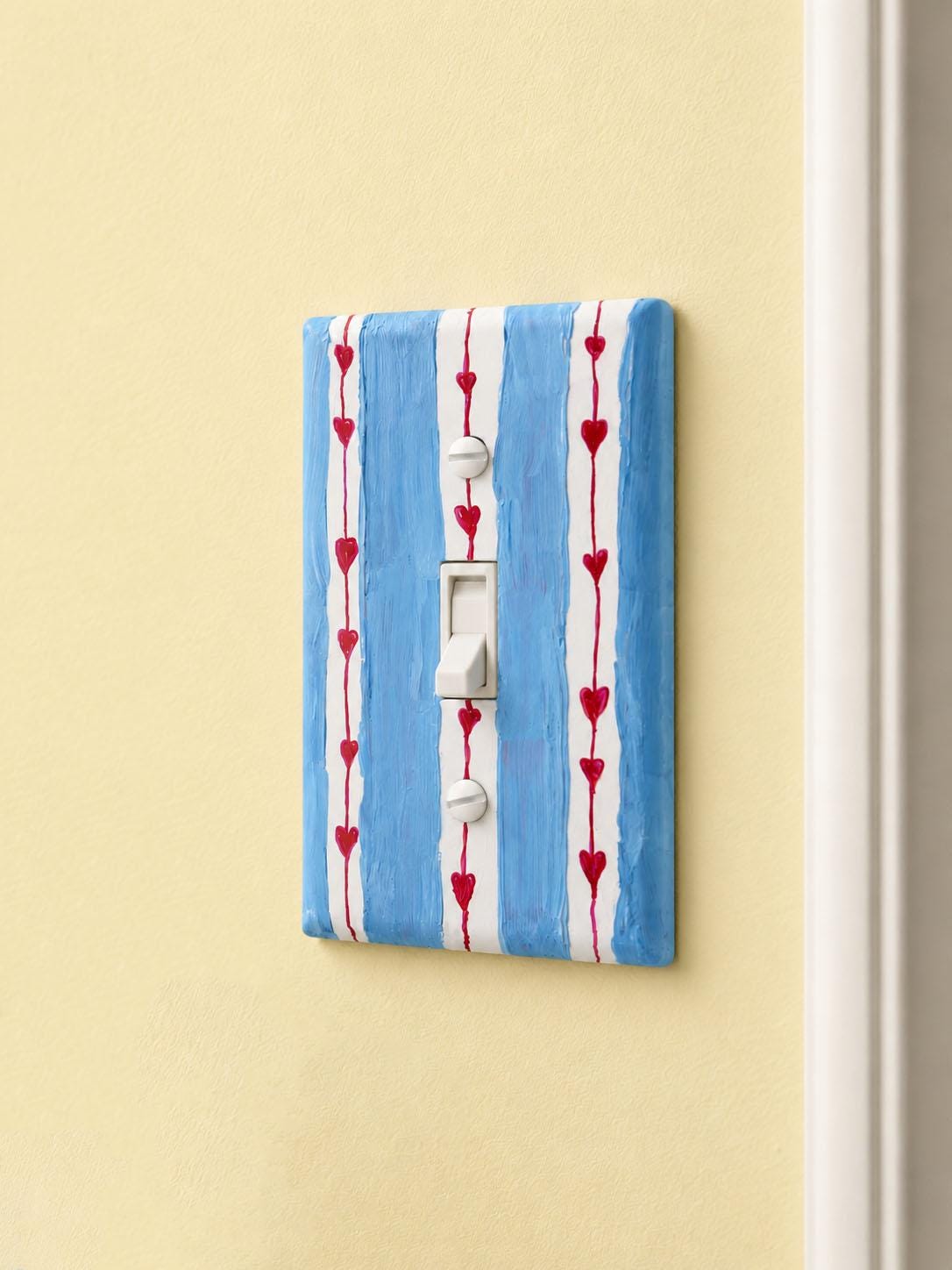 Hand painted Blue Stripes and Red Hearts Light Switch Plate, Nursery Kids Room Unique Outlet Cover
