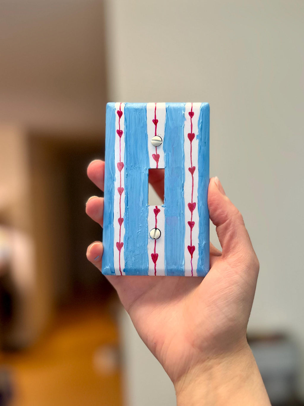 Hand painted Blue Stripes and Red Hearts Light Switch Plate, Nursery Kids Room Unique Outlet Cover