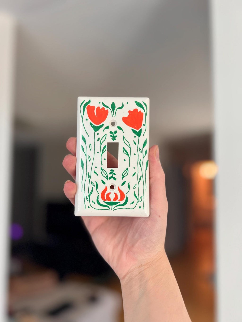 Hand-Painted Floral Light Switch Plate Cover, Orange Flowers Modern Wall Art