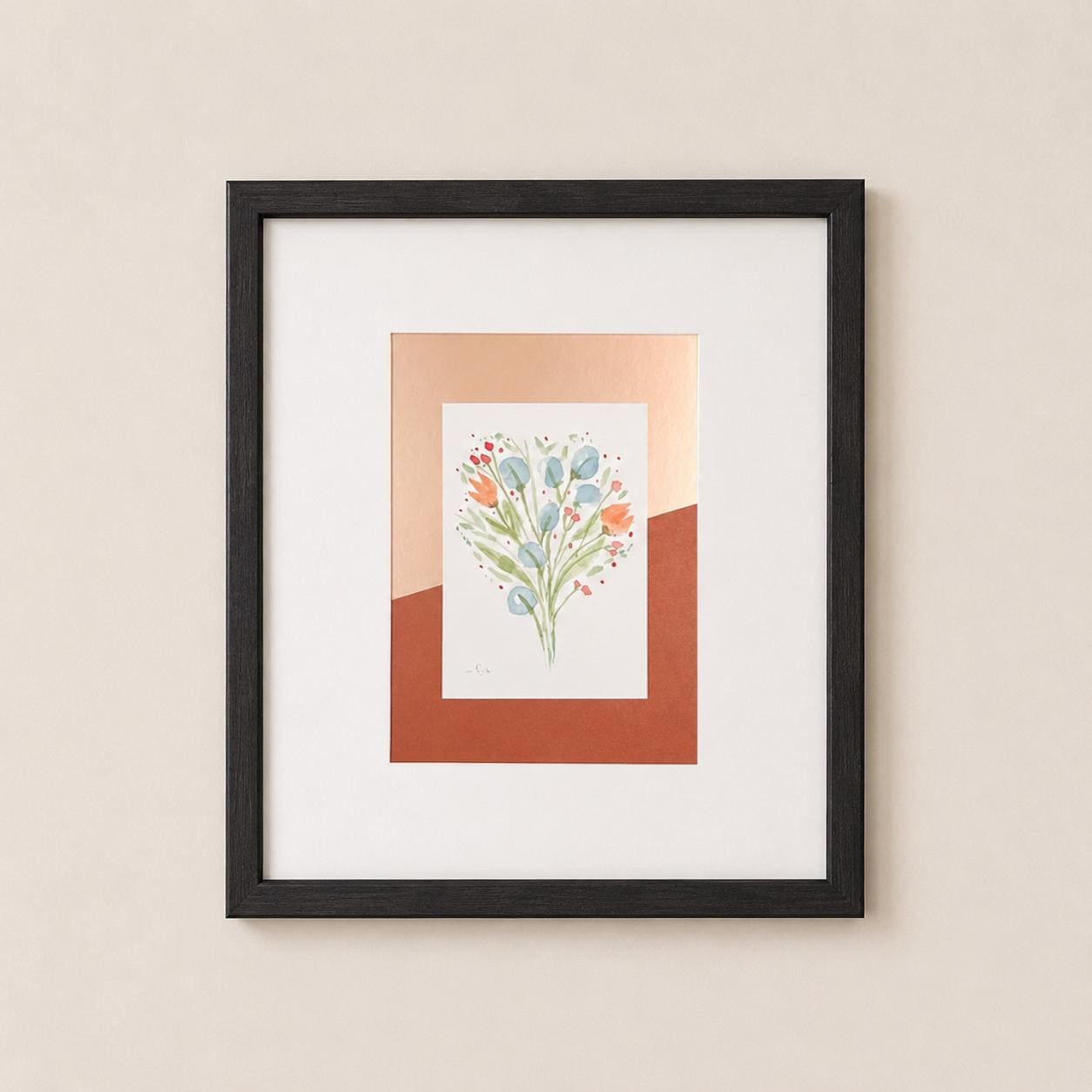 Original Matted Floral Watercolor Paintings, Hand Painted Flowers, Colorful Metallic Background, 8x10" Mat
