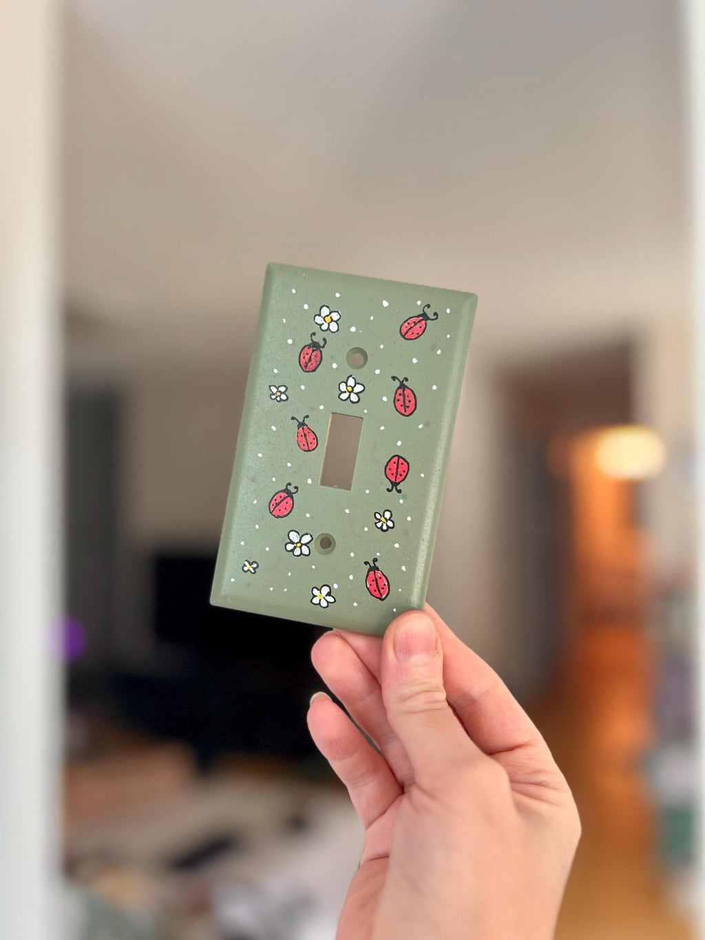 Hand-Painted Ladybug and Daisies Light Switch Plates, Olive Green Background, Nature Kitchen Decor, Outlet Cover Wall Art