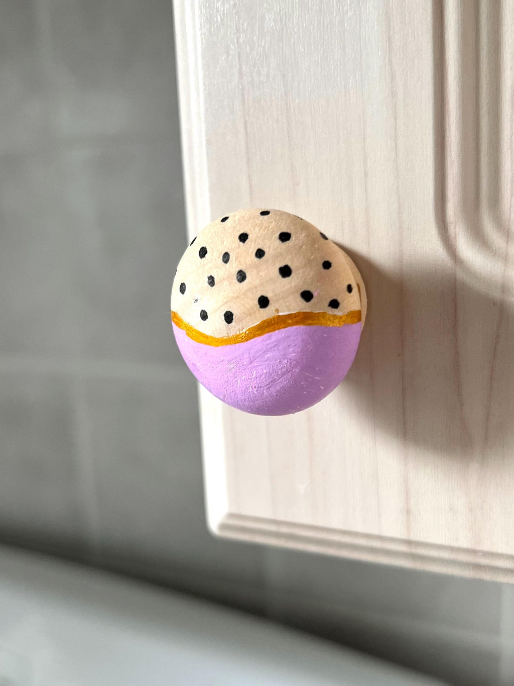 Handpainted Wooden Drawer and Cupboard Door Knob, Lavender and Black Dots with Gold Accent, Modern Farmhouse Cabinet Pulls Ho
