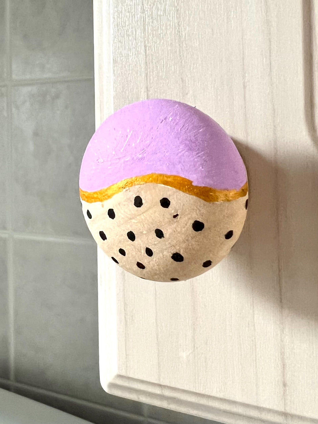 Handpainted Wooden Drawer and Cupboard Door Knob, Lavender and Black Dots with Gold Accent, Modern Farmhouse Cabinet Pulls Ho