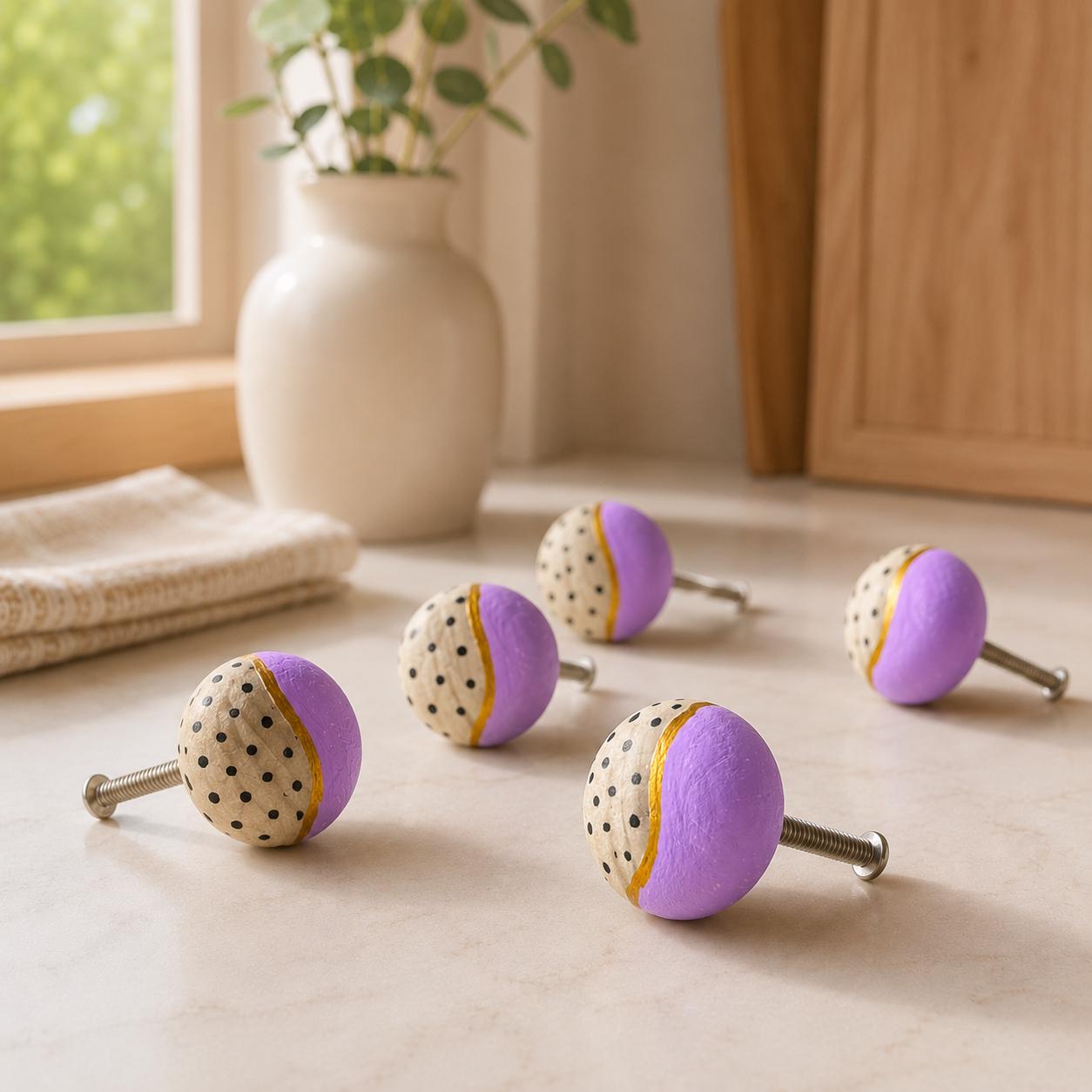 Handpainted Wooden Drawer and Cupboard Door Knob, Lavender and Black Dots with Gold Accent, Modern Farmhouse Cabinet Pulls Ho