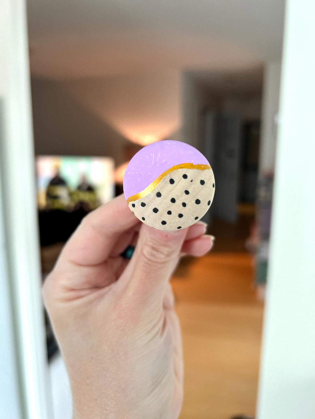 Handpainted Wooden Drawer and Cupboard Door Knob, Lavender and Black Dots with Gold Accent, Modern Farmhouse Cabinet Pulls Ho