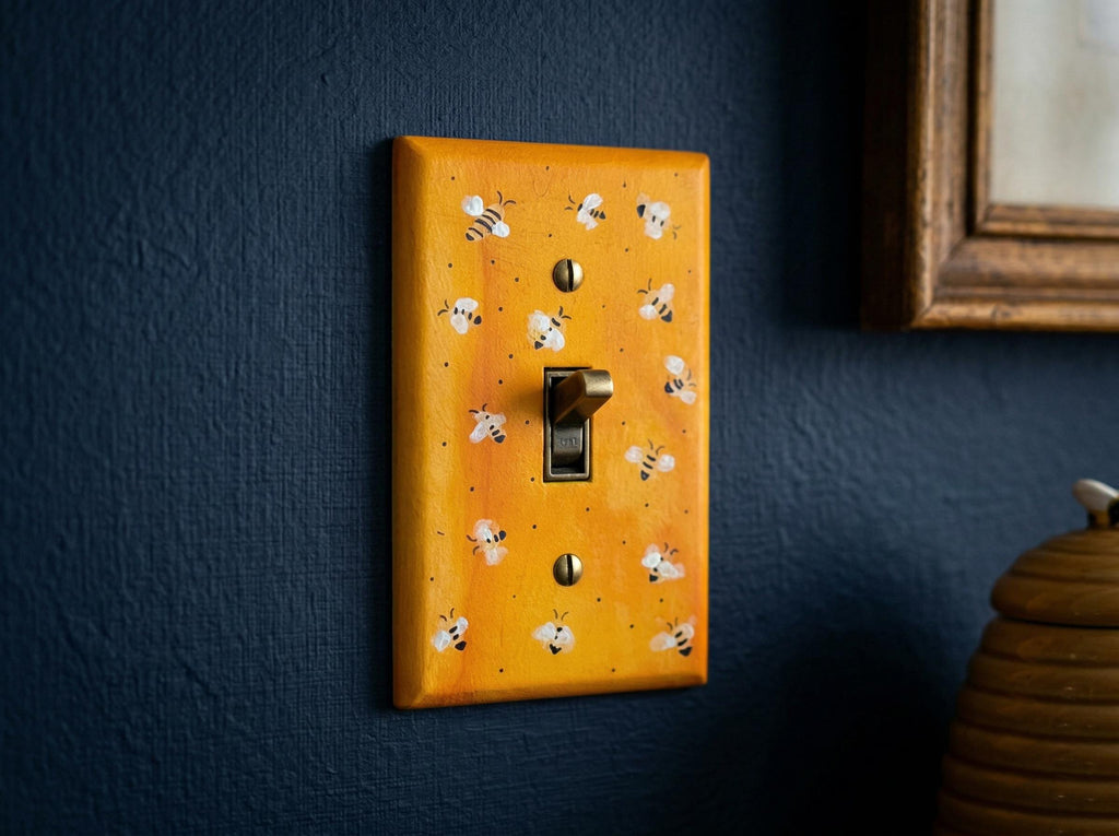 Hand-Painted Yellow Bee Pattern Light Switch Plates, Bumblebee Kitchen Decor, Outlet Cover Wall Art