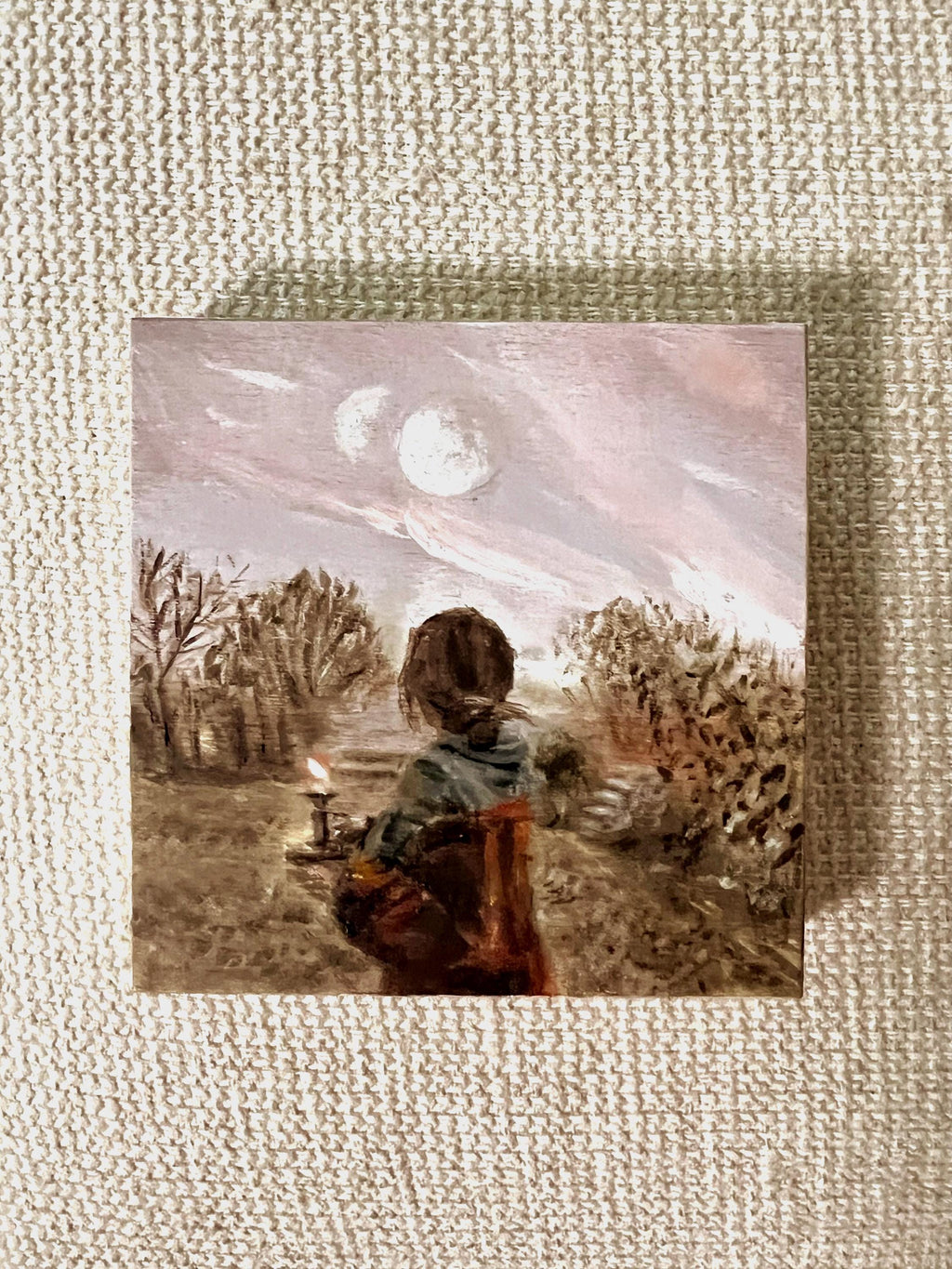 Small original oil painting on wood: A girl from another world