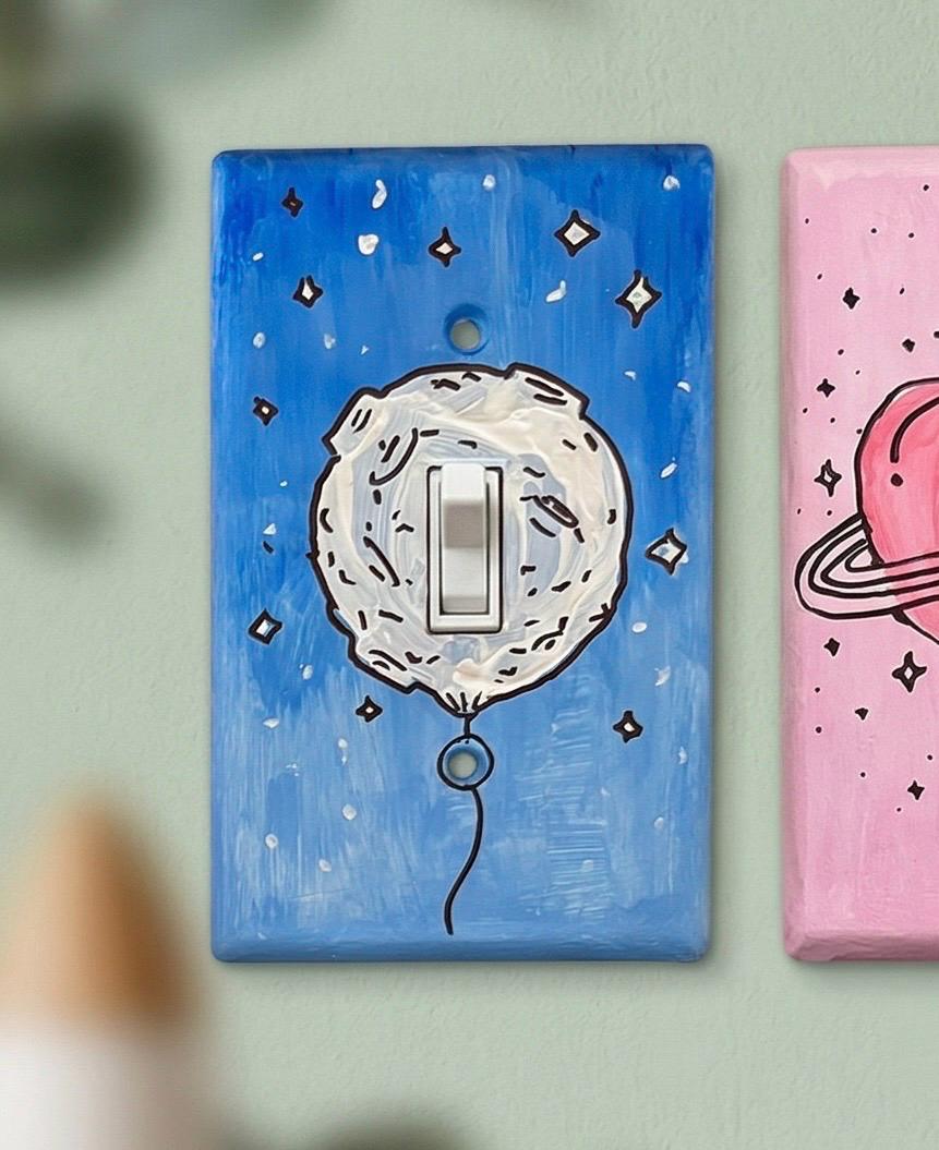 Hand-Painted Moon Balloon Light Switch Plates, Kids Nursery Blue Wall Art, Cute Space Theme Outlet Cover