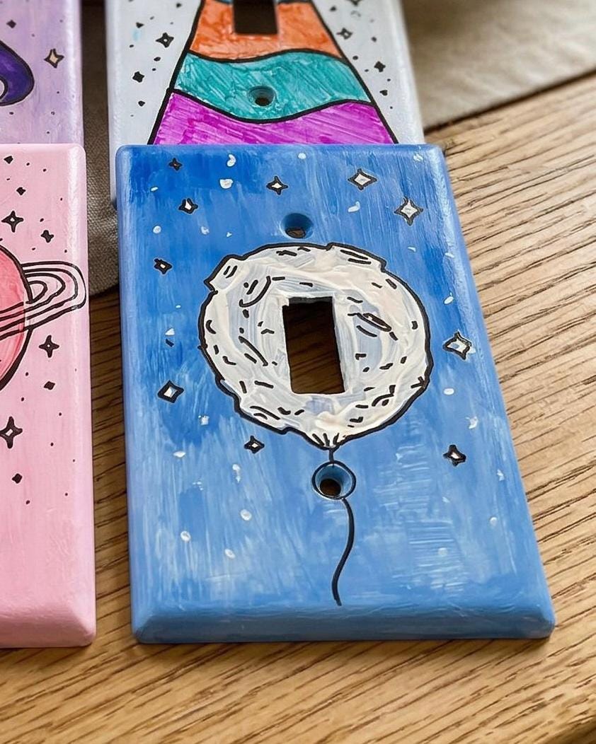 Hand-Painted Moon Balloon Light Switch Plates, Kids Nursery Blue Wall Art, Cute Space Theme Outlet Cover