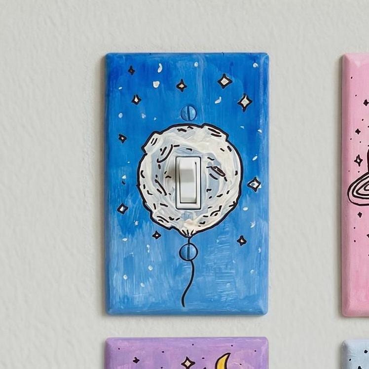 Hand-Painted Moon Balloon Light Switch Plates, Kids Nursery Blue Wall Art, Cute Space Theme Outlet Cover