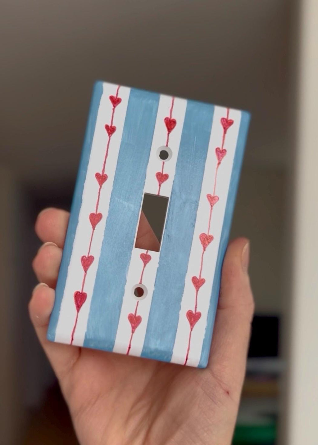 Hand painted Blue Stripes and Red Hearts Light Switch Plate, Nursery Kids Room Unique Outlet Cover