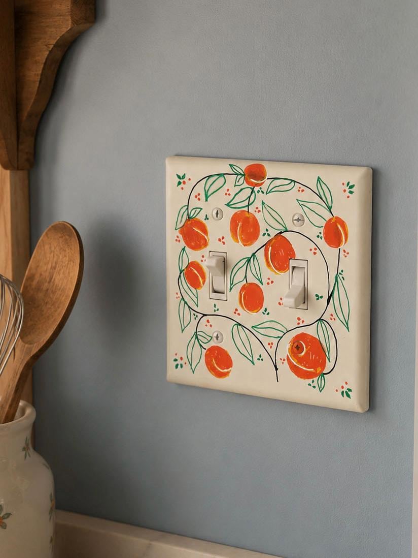Handpainted Peaches Light Switch Cover Plate, Cottagecore Orange and Green Kitchen Outlet Wall Art