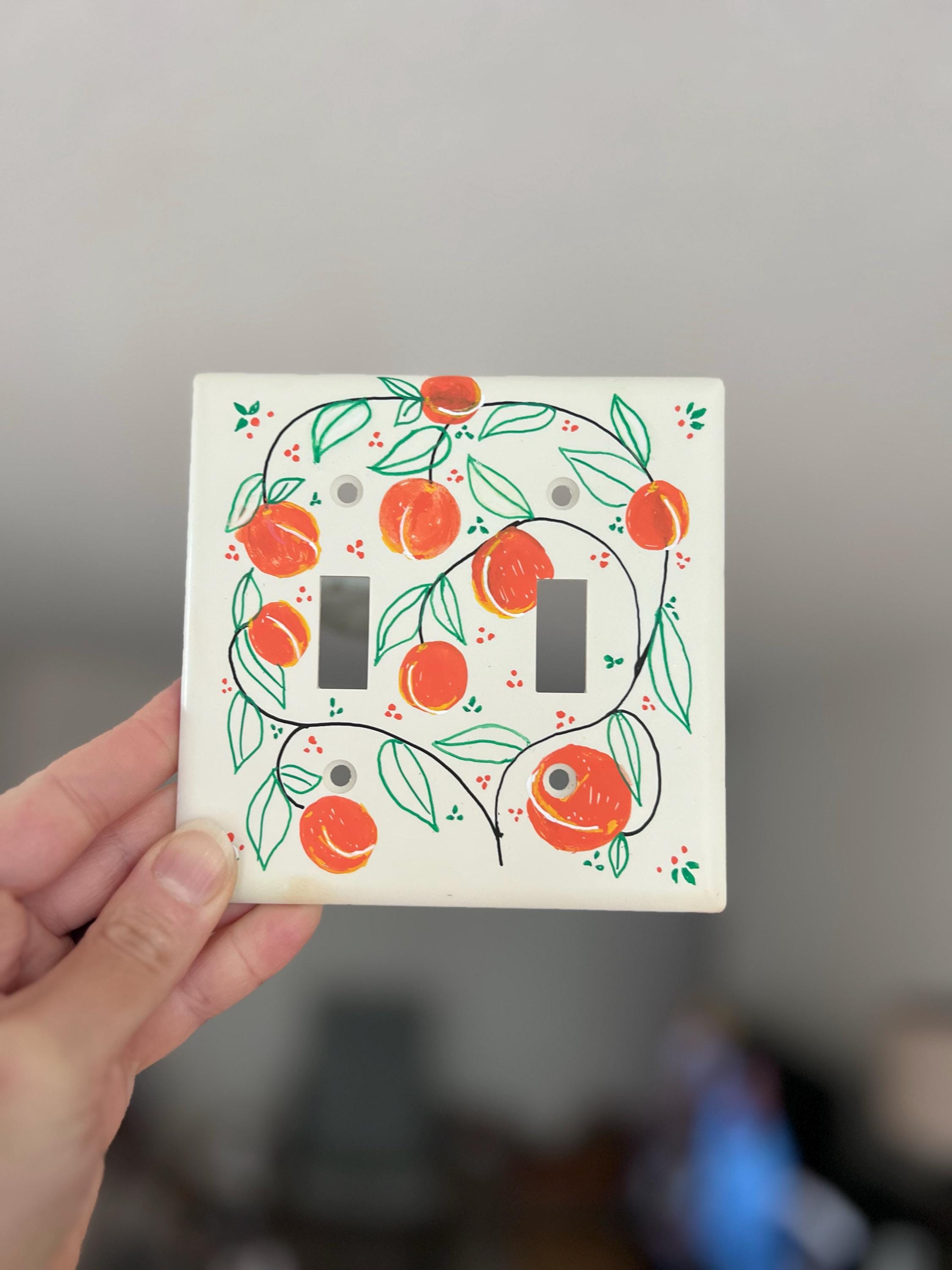 Handpainted Peaches Light Switch Cover Plate, Cottagecore Orange and Green Kitchen Outlet Wall Art