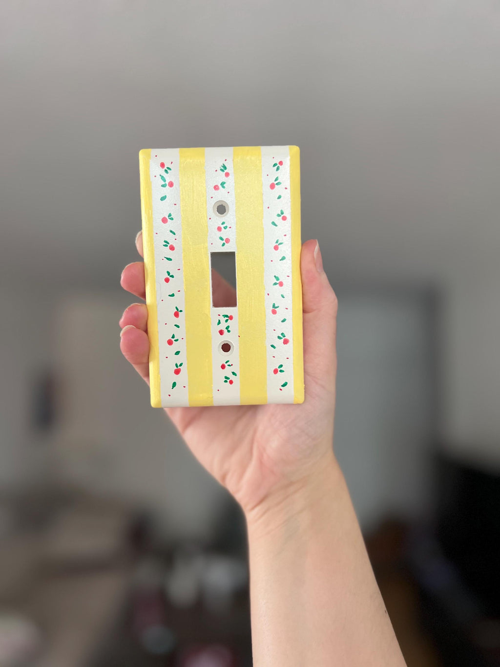 Hand-Painted Yellow Stripes Cherries Light Switch Plate, Kitchen Wall Art