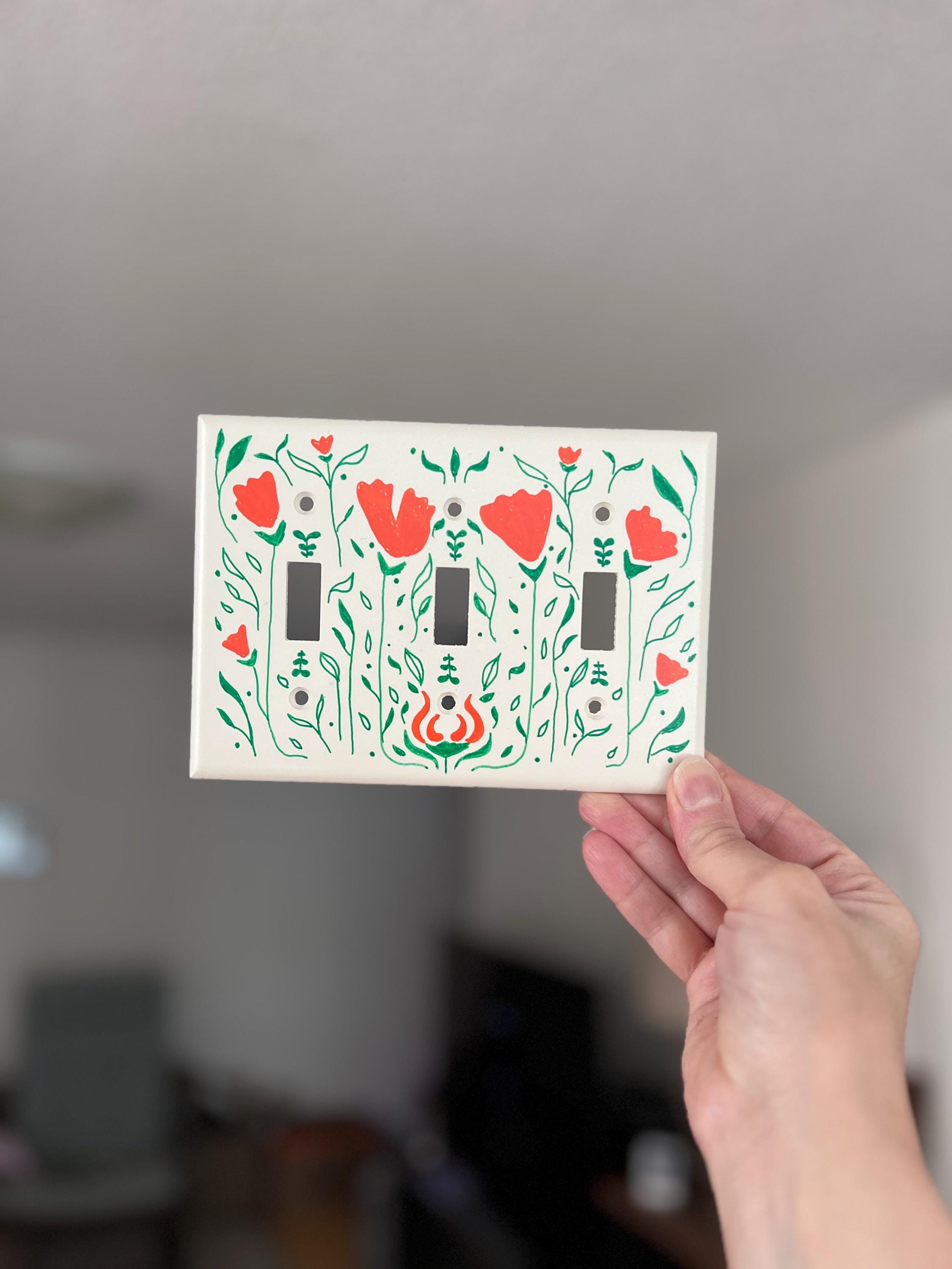Hand-Painted Floral Light Switch Plate Cover, Orange Flowers Modern Wall Art
