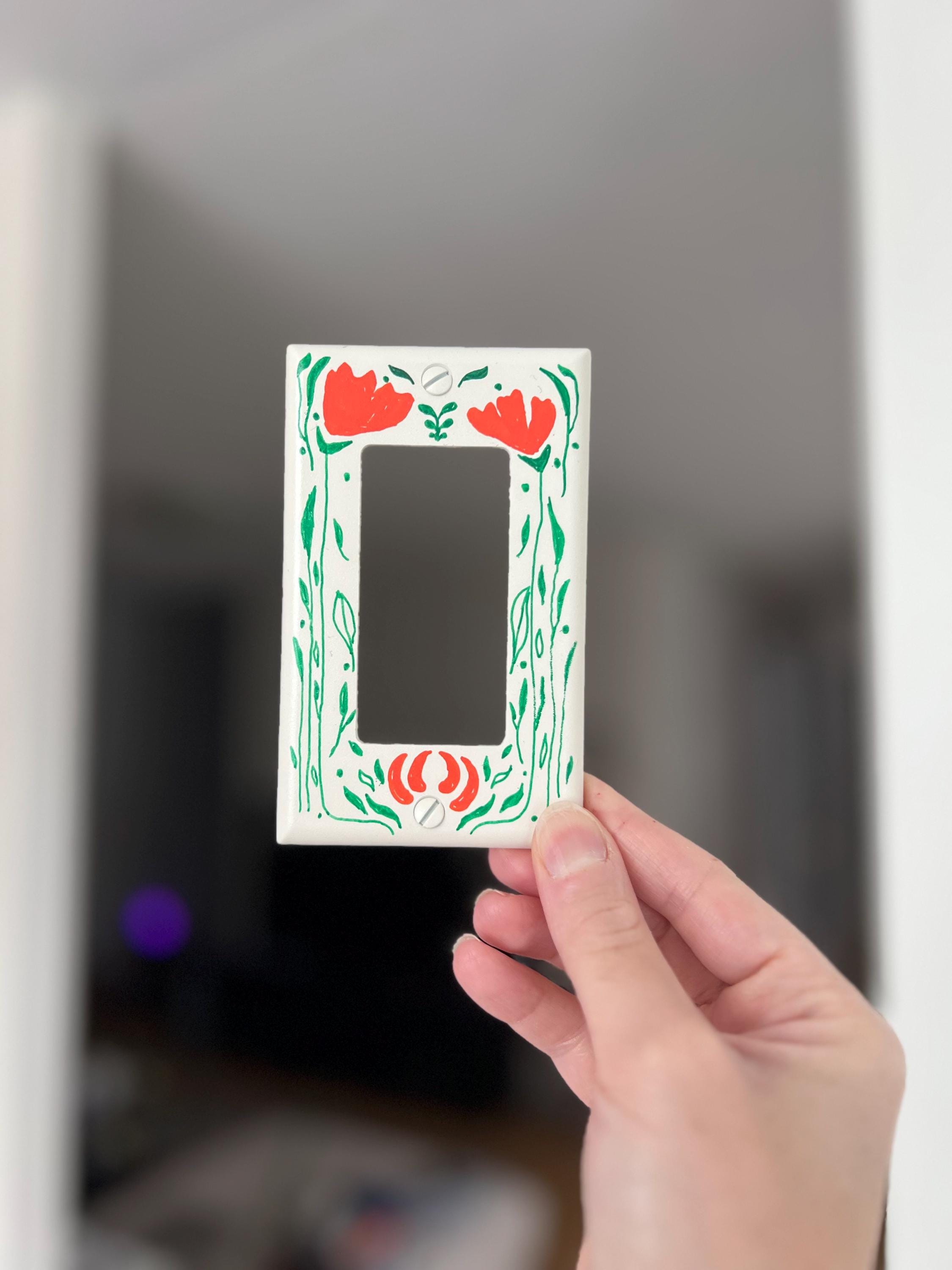 Hand-Painted Floral Light Switch Plate Cover, Orange Flowers Modern Wall Art