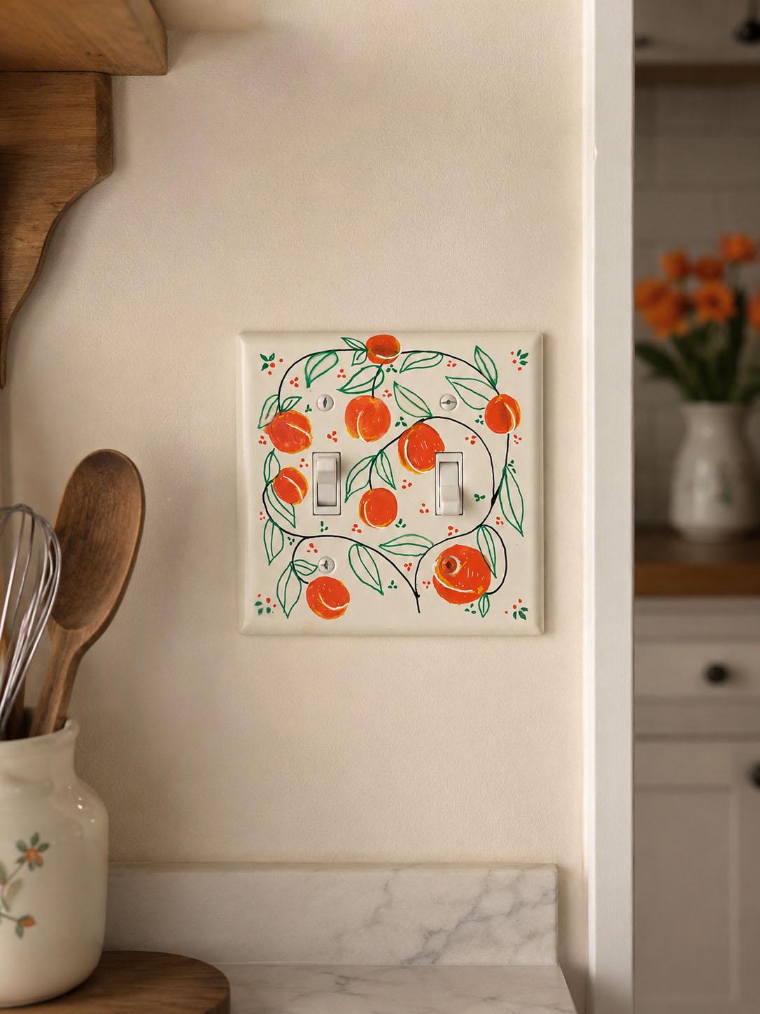 Handpainted Peaches Light Switch Cover Plate, Cottagecore Orange and Green Kitchen Outlet Wall Art