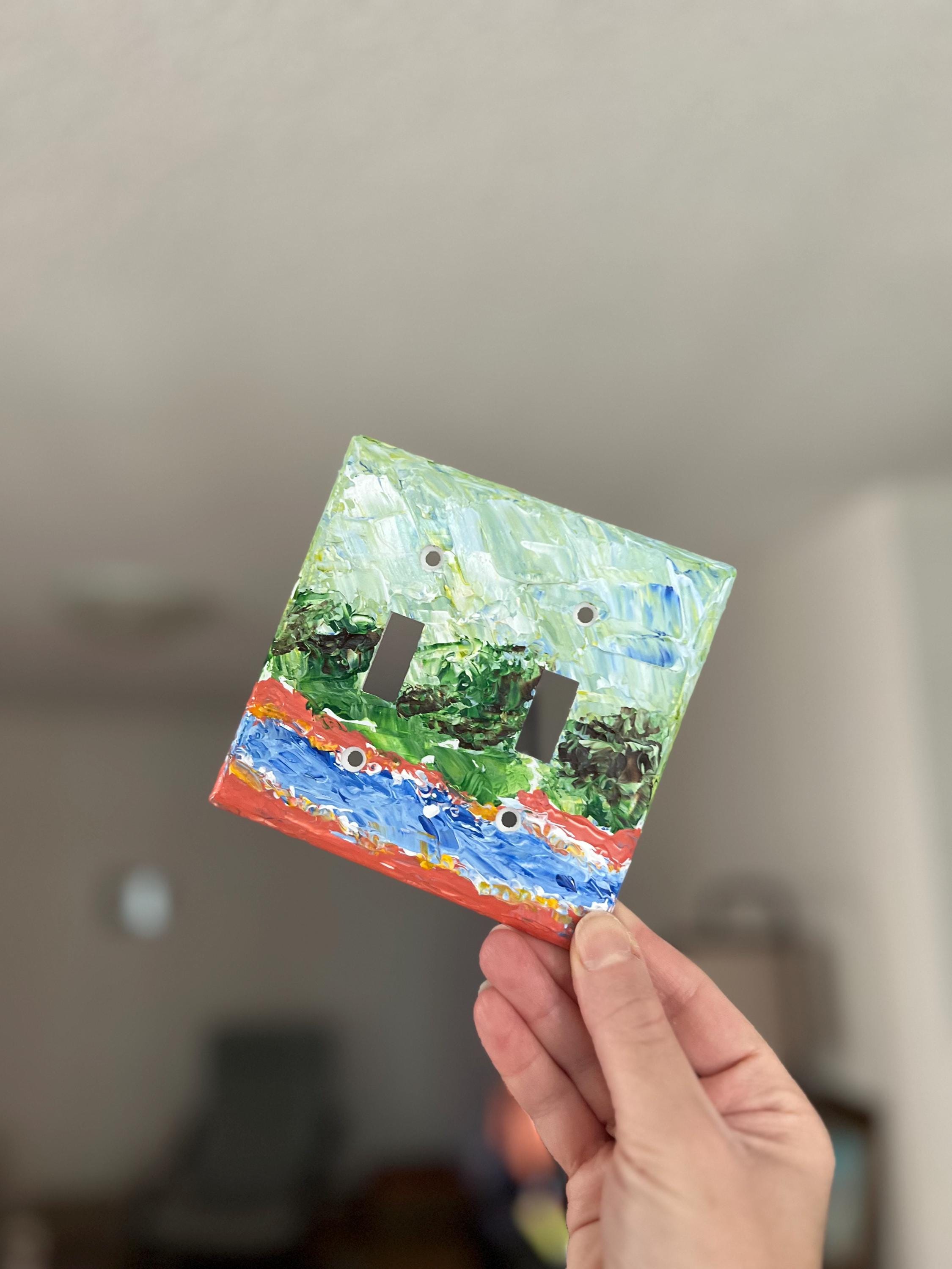 Hand-Painted Landscape Cottagecore Light Switch Plate, Kitchen Wall Art, Impasto Blue Green and Orange Painting