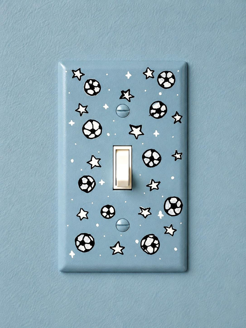 Hand-Painted Soccer Football Light Switch Plate, Blue Kids Bedroom Sports Wall Outlet Cover Art
