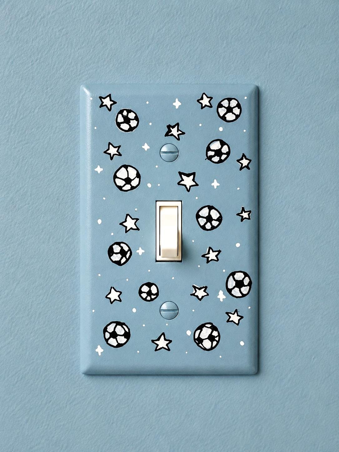 Hand-Painted Soccer Football Light Switch Plate, Blue Kids Bedroom Sports Wall Outlet Cover Art