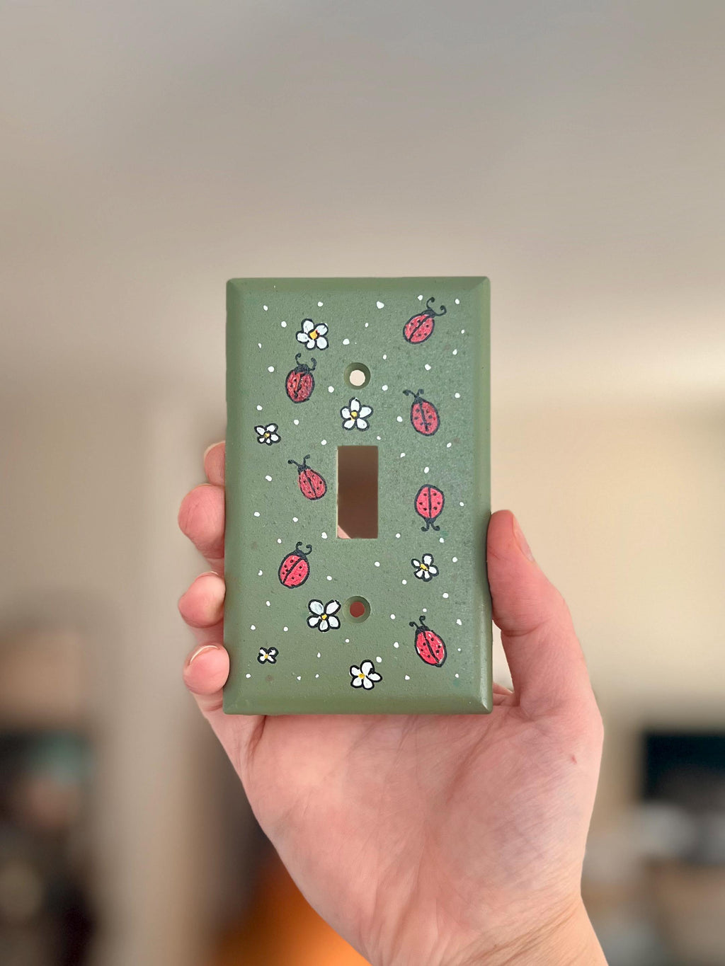 Hand-Painted Ladybug and Daisies Light Switch Plates, Olive Green Background, Nature Kitchen Decor, Outlet Cover Wall Art