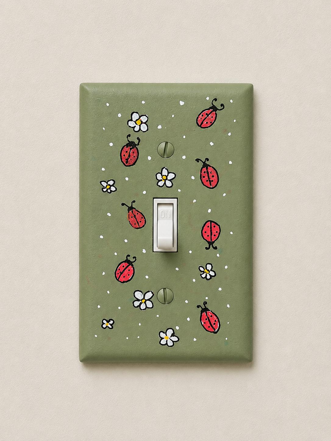 Hand-Painted Ladybug and Daisies Light Switch Plates, Olive Green Background, Nature Kitchen Decor, Outlet Cover Wall Art