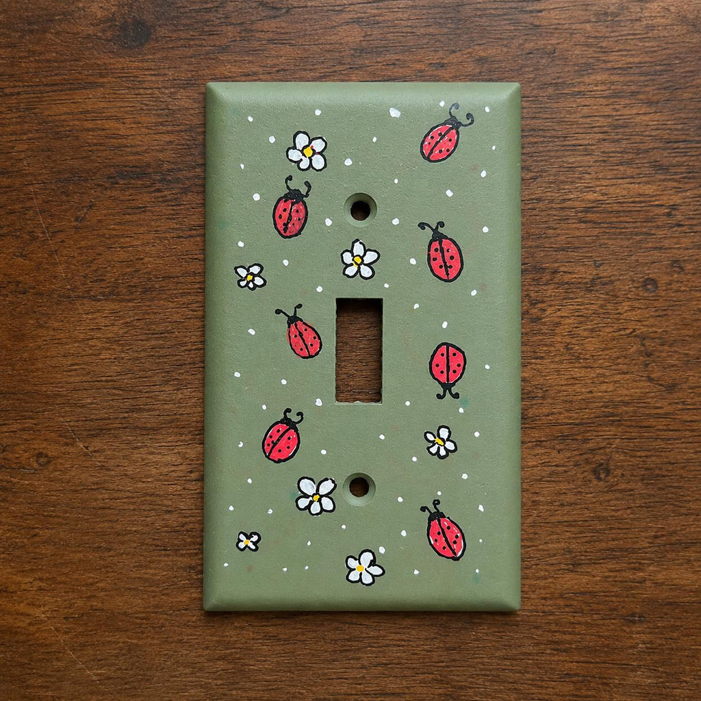 Hand-Painted Ladybug and Daisies Light Switch Plates, Olive Green Background, Nature Kitchen Decor, Outlet Cover Wall Art